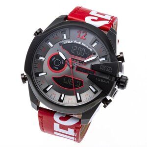 DIESEL Black Stainless-Steel Grey Sunray Dial 51mm Watch Red White Leather Band